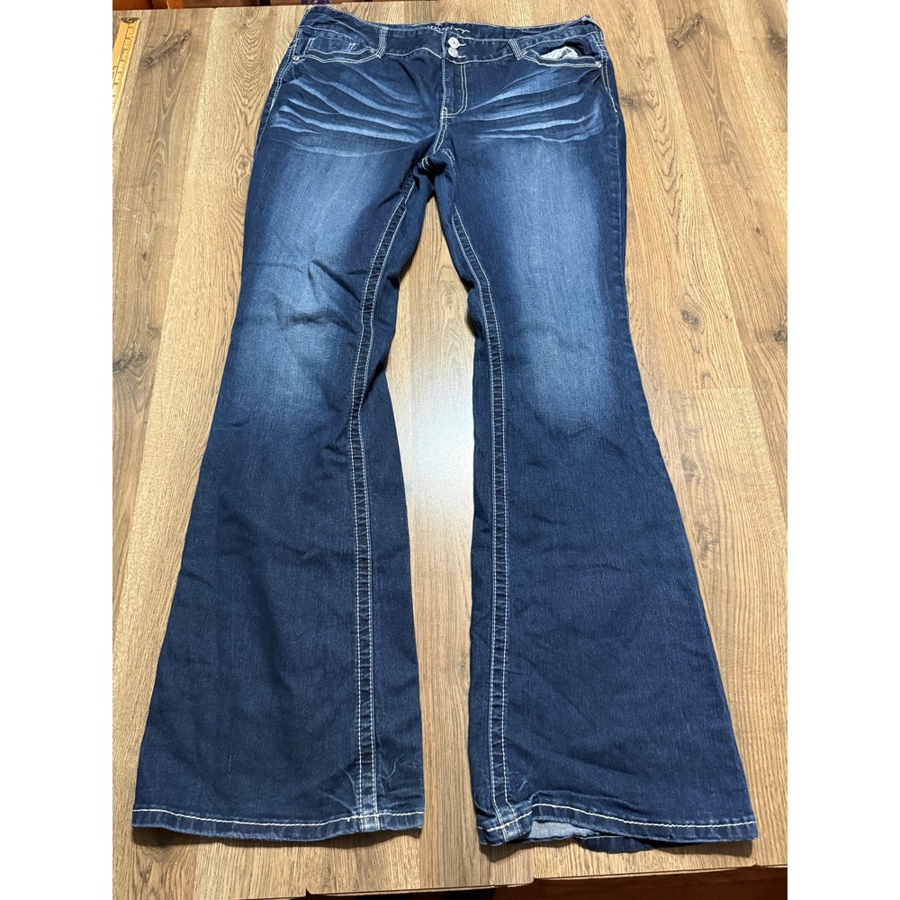 Vanity Flare Jeans Women Size 32W Dark Wash Denim Double Button Contrast Stitch